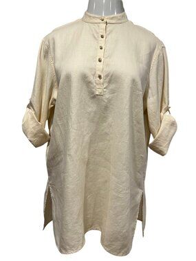 Lauren Ralph Lauren Linen Mandarin Tunic Top, Ivory, XL